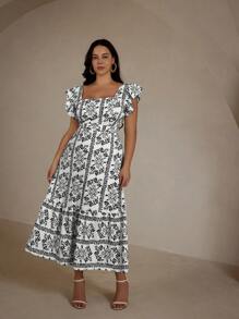 Aveloria Rosie 大码随机印花休闲度假荷叶边方领女式夏装连衣裙女士优雅波西米亚海滩时尚风格春秋季 - 黑色 - 查看 1