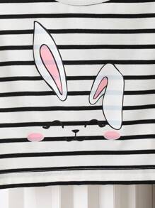 2pcs Girls Casual Round Neck Striped Bunny Print Short Sleeve Top And Wide Leg Striped Pants Set, Spring/Summer