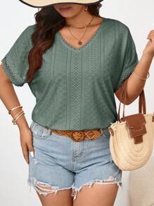 SHEIN Frenchy Plus Size Women Textured V-Neck Lace Trim T-Shirt, Casual Wear For Spring/Summer