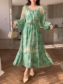 DAZY Tie-Up Lantern Sleeve Floral Printed Mid-Length Dress For Women
