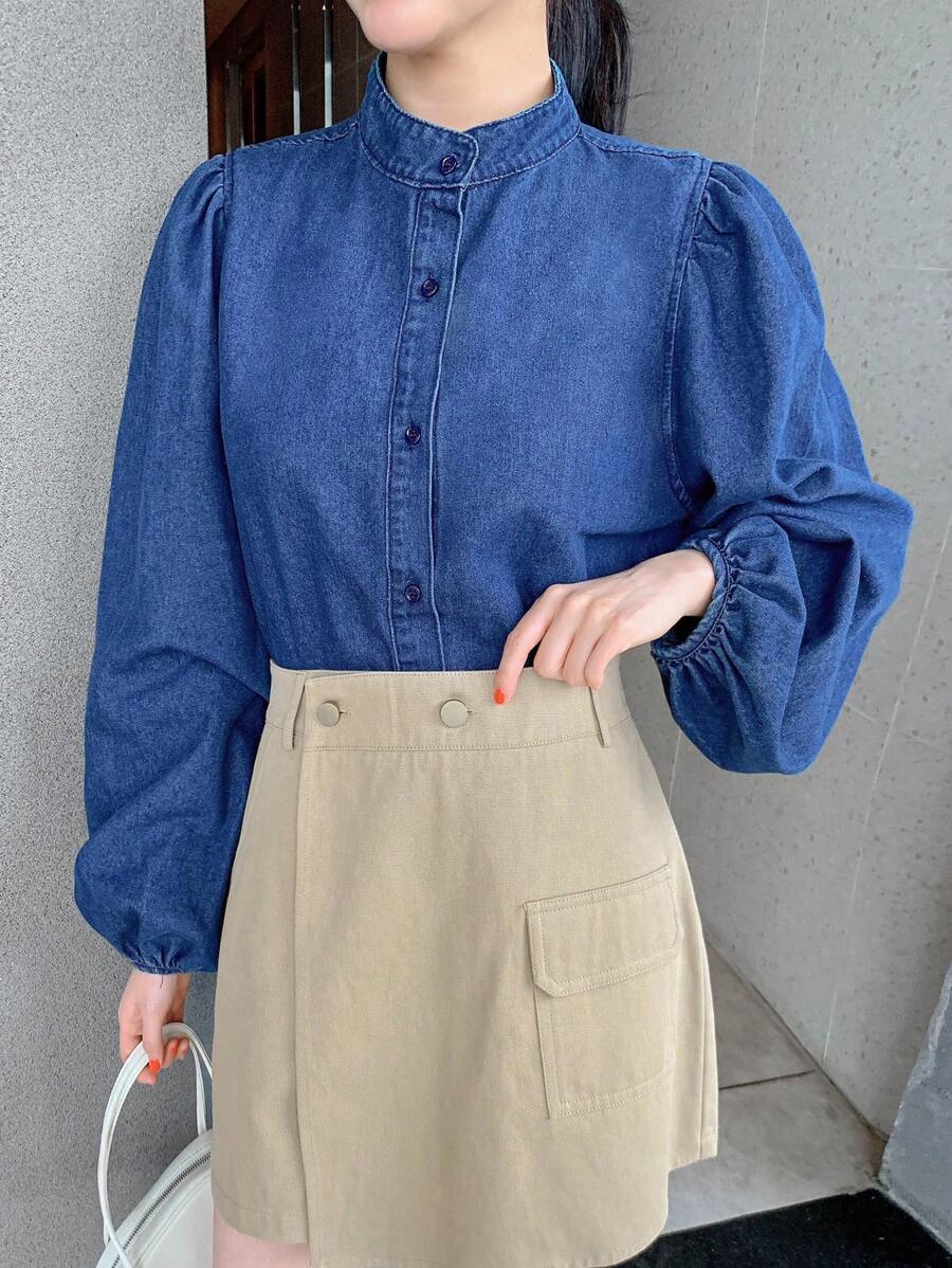 DAZY 女士长袖单排扣牛仔衬衫 - 中等水洗藍 - 查看 1