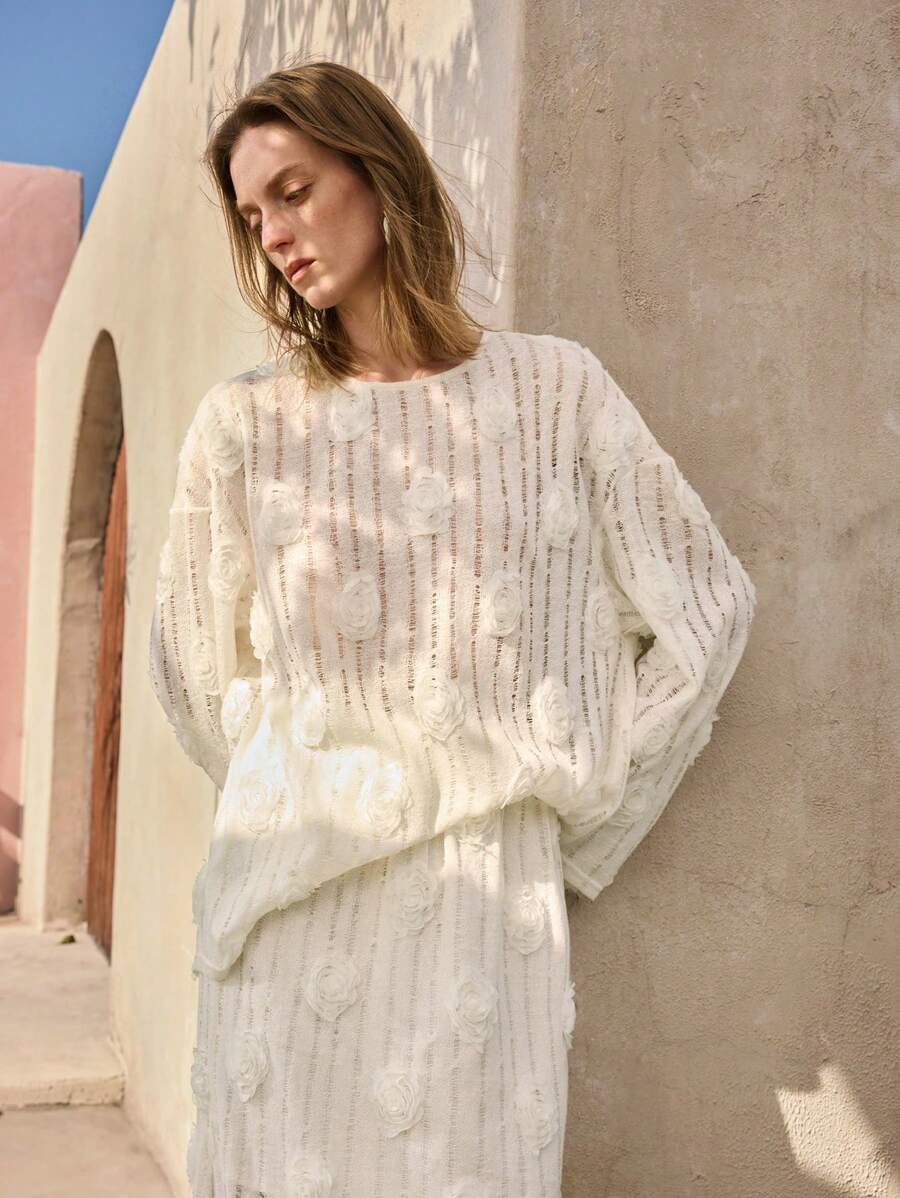 Ontre Set de 2 piezas que incluye top minimalista de manga larga cuello redondo y falda lápiz para mujer