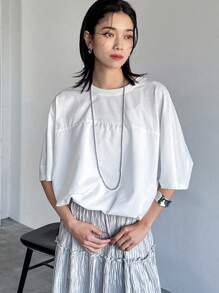 FRIFUL Women's Solid Color Casual Round Neck Loose Batwing Sleeve Blouse