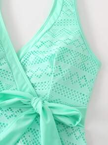 Swim Lushoire 2pcs Spring Break Mature Solid Color Swimwear For Women, V-Neck Hollow Out Side Bowknot Bikini Sets With Tank Top, Casual Vacation Beach Outfit For Summer - Mint Green - View 6