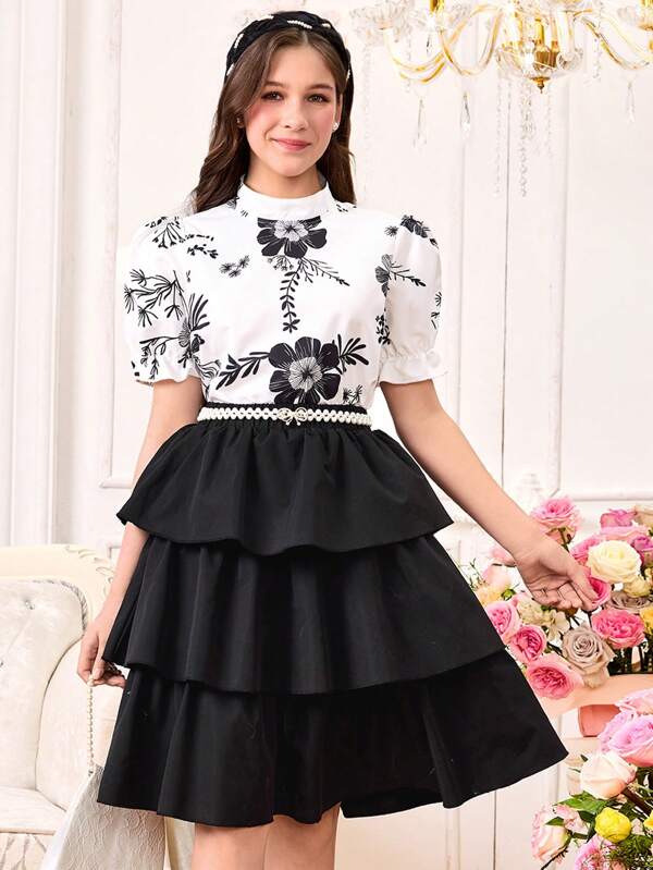 2pcs/Set Teen Girls Floral Print Collared Short Sleeve Top & Solid Color Layered Skirt