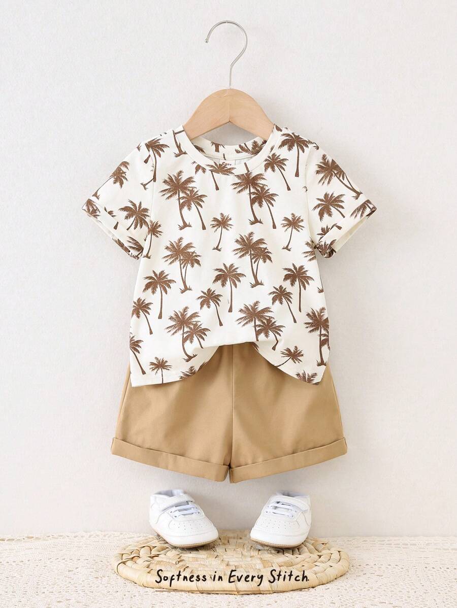 Cozy Pixies Set de 2 piezas de Top de manga corta de cuello redondo suave y pantalones cortos de cintura elástica con estampado de palmeras para bebé niño