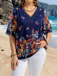 EMERY ROSE Plus Size V-Neck Short Sleeve Floral Print Casual Blouse, Boho For Women, Summer For Women, Vacation Woman - Navy Blue - View 6