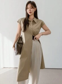 Dazy-Less Damen Lange Lässige Lose Einfarbige Einfache Kurzarm Bluse Business Lässig Arbeitskleidung für Frauen - Kamelfarben - Übersicht 10