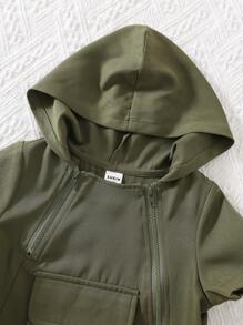 SHEIN 2 件套可爱男童夏季休闲运动橄榄绿短袖连帽上衣和短裤套装 - 彩色 - 查看 6
