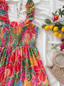 Soleia 女士热带花卉印花休闲宽松连衣裙，宽肩带海滩度假装女士春夏装西部音乐节波西米亚假日波西米亚风 - 彩色 - 查看 4