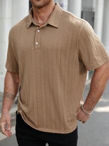 Manfinity CasualCool Men's Plus Size Solid Color Front Button Short Sleeve Casual Polo Shirt - Khaki - View 6