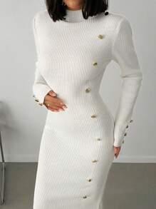 RueChic Mock Neck Button Front Sweater Dress Without Belt - White - View 5