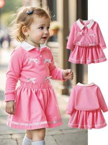 SHEIN Grey Long Sleeve Butterfly Accent Dress Set For Baby Girl - Pink - View 3