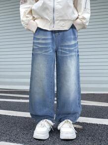 SHEIN Tween Boy Fashion Casual Design Water Ripple Blue Loose Straight Leg Jeans For Dailywear And Fall Kids Clothes - Medium Wash - View 3