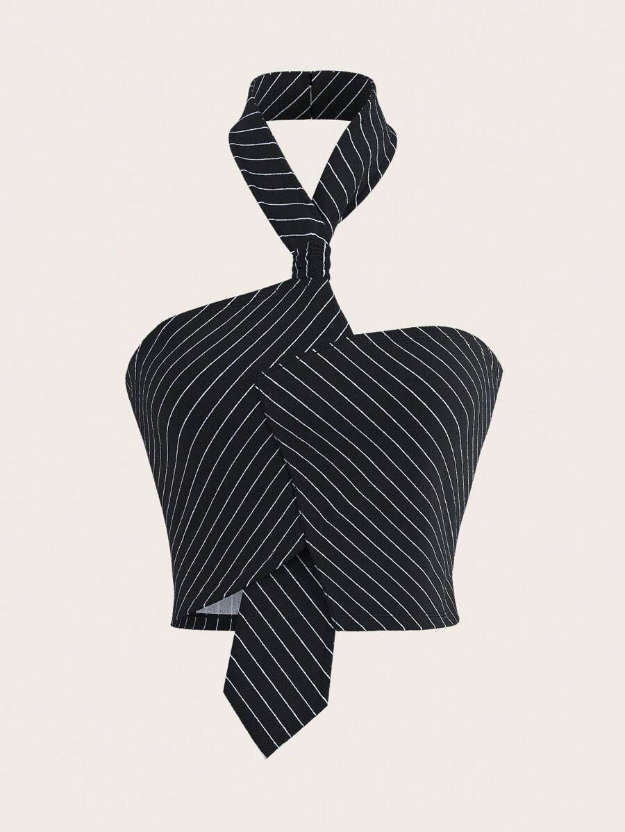 SHEIN ICON Women's Office Style Going Out Asymmetric Hem Fashionable Striped Halter Neck Camisole Top - Black - View 1