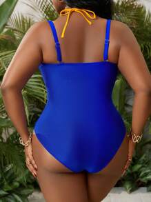 SHEIN Swim Curve Plus Size Women Blue & Yellow Contrast Color Hollow Out Drawstring One-Piece Swimsuit, Casual & Suitable For Holiday, For Summer Beach Vacation - Multicolor - View 2