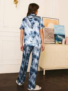 Butterfly Print Short Sleeve Satin Women Pajama Set - Blue - View 2