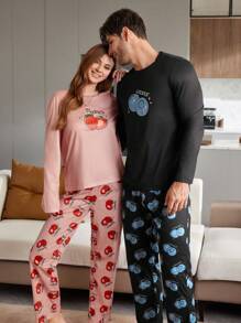 Women's Casual Fashion Strawberry Print Long Sleeve Pajama Set - Pink - View 4