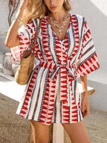 SHEIN VCAY Damen Geometrisch gemusterter Jumpsuit, Lässig-Shorts für den Urlaub