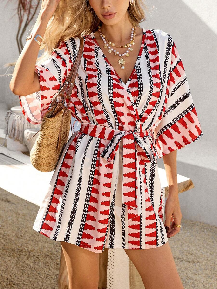 SHEIN VCAY Damen Geometrisch gemusterter Jumpsuit, Lässig-Shorts für den Urlaub