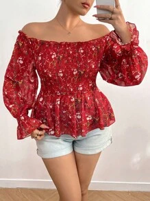 Sunnyshic Blusa evasé con hombros descubiertos, mangas abullonadas de gasa y estampado