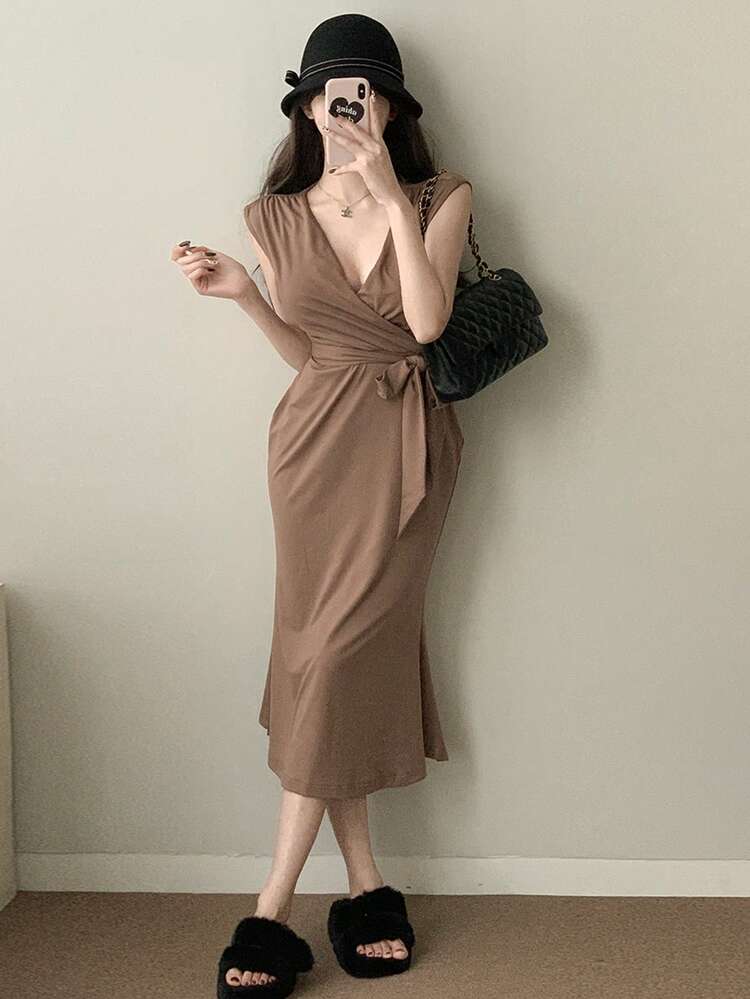 Women V-Neck Short Sleeve Cinched Waist Long Wrap Dress Sundress