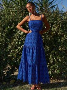 Travachic 女士度假扎染刺绣镂空腰吊带连衣裙 - 藍色 - 查看 5