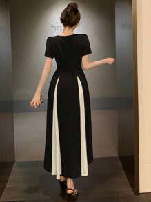 DAZY Đầm maxi nữ cổ vuông tay ngắn phối màu thanh lịch, dáng dài đến đầu gối, thích hợp cho mùa hè. - màu đen - Xem 5