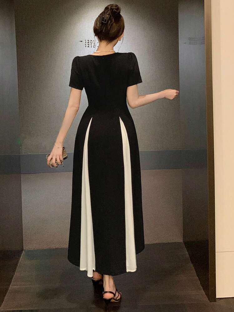 DAZY Vestido elegante de verano de cuello cuadrado, manga corta, de color block, de largo medio a largo, vestido maxi elegante - Negro - Añade 5