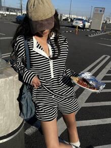 DAZY 2 pezzi/set, camicia a maniche lunghe a righe e pantaloncini larghi casual da donna per vacanze, set donna primavera/estate, corti