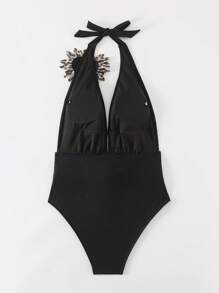 Swim Vcay Women's Sexy Deep V Neck Casual Twist Black Knitted Holiday One-Piece Swimsuit - Black - View 4