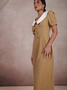 COSMINA Women's Colorblock Peter Pan Collar Puff Sleeve Dress - Brown - View 5