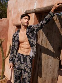 Manfinity Underwear&Sleepwear Basics Men 2pcs Casual Home Outfit Set With Paisley Print Long Sleeve Top And Pants - Violet Purple - View 5