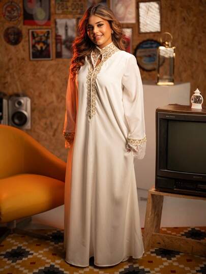 Al Najma 女式纯色拼接长袖简约阿拉伯连帽连衣裙，端庄大方