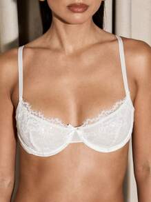 AiiRZ Delicate Lace Trim Underwire Bra And Knicker Set Lingerie Set With Floral Embroidery Scalloped Edges Satin Bridal Lounge - White - View 4