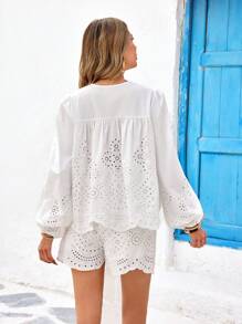 SHEIN VCAY 2pcs/Set Women Solid Color Loose Chiffon Long Sleeve Shirt & High Waist Loose Shorts Set, Holiday Style