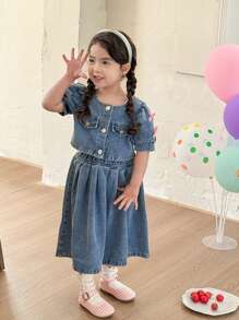 Young Girl Versatile Comfy Cute Bow Washed Soft Fashion Street Jean Jacket + Skirt Set, Lightweight For Summer - Medium Wash - View 6