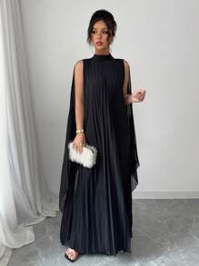 Elenzga Vintage Pleated Shawl Collar Dress With Flared, For Spring/Summer Vacation - Black - View 5