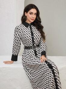 Graceveil 2025 春季新款女装拼色印花长款衬衫裙 - 黑與白 - 查看 5