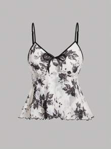 SHEIN MOD Plus Size Summer Vintage Rose Printed Asymmetrical Hem Cami Top - Black and White - View 1