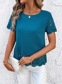 SHEIN Clasi Women Casual Burnout Round Neck Short Sleeve Shirt, Spring/Summer