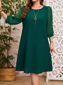 EMERY ROSE Plus Size Round Neck Long Sleeve Mesh Splicing Simple Short Dress Summer Outfits For Women - Dark Green - View 5