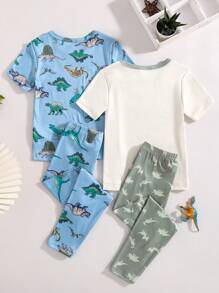 2 件套小男孩舒适恐龙印花短袖上衣和舒适裤子 2 件套睡衣套装 - 藍色 - 查看 2