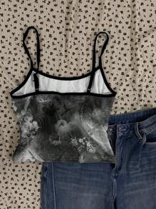 SHEIN EZwear 女士休闲水墨画图案性感吊带背心，适合夏季 - 白色 - 查看 2