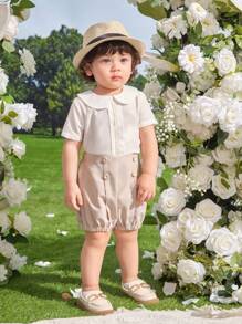 SHEIN Leap Crew 2 piezas Conjunto elegante de niño pequeño de color albaricoque para pajecillo y portador de anillo, incluye Top de manga corta con cuello con ribete de cinta y shorts de cintura elástica, adecuado para fiesta de cumpleaños, bautizo, 1er cumpleaños, fiesta de noche, actuación, boda y otras ocasiones - Albaricoque - Ver 5