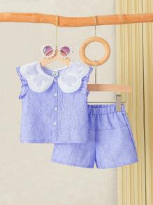 Baby Girls Simple Floral Collar Solid Color Short Cap Sleeve Blouse And Shorts Set, Summer - Purple - View 7