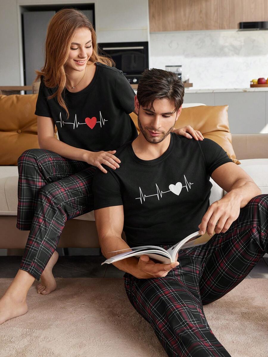 CoupledUp Men's Heart Print Short Sleeve Top And Pants Pajama Set, Boyfriend Gift