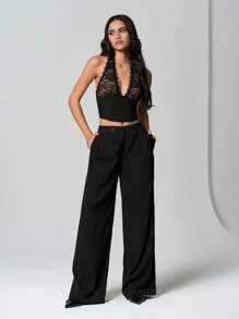 SHEIN Unity 女士纯色口袋褶皱不对称腰部西裤 - 黑色 - 查看 3