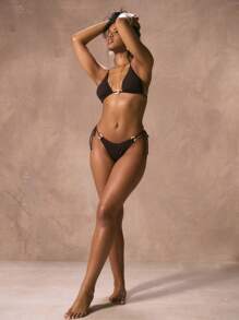 Musera Resort Crinkle Rib Circle Ring Trim Triangle Bikini Bottom Vacation Spring Summer Elegant Sexy Beach Resort Holiday