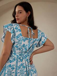 Aveloria Rosie 大码随机印花休闲度假荷叶边方领女式夏装连衣裙女士优雅热带波西米亚海滩时尚风格春秋季 - 藍色 - 查看 2
